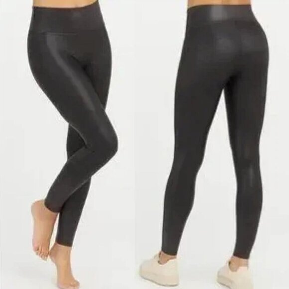 SPANX Black Faux-Leather High-Waisted Leggings with Wide Waistband Large - Picture 1 of 9
